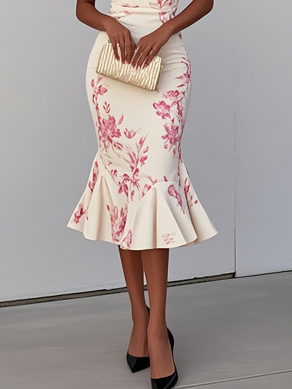 White Pink Floral V Neck Sleeveless Mermaid Midi Dress