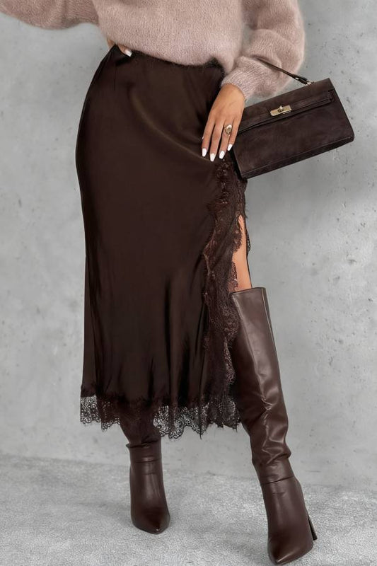 Hot Topic Chocolate Viscose Satin Midi Skirt with Lace