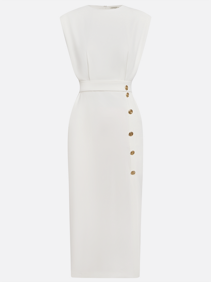Off White Button Side-Slit Classic Crew Neck Sleeveless Sheath Midi Dress With Pockets