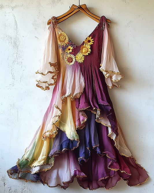 Gilded Ruffled Daisy Embroidery Gradient Irregular Dress 5f47