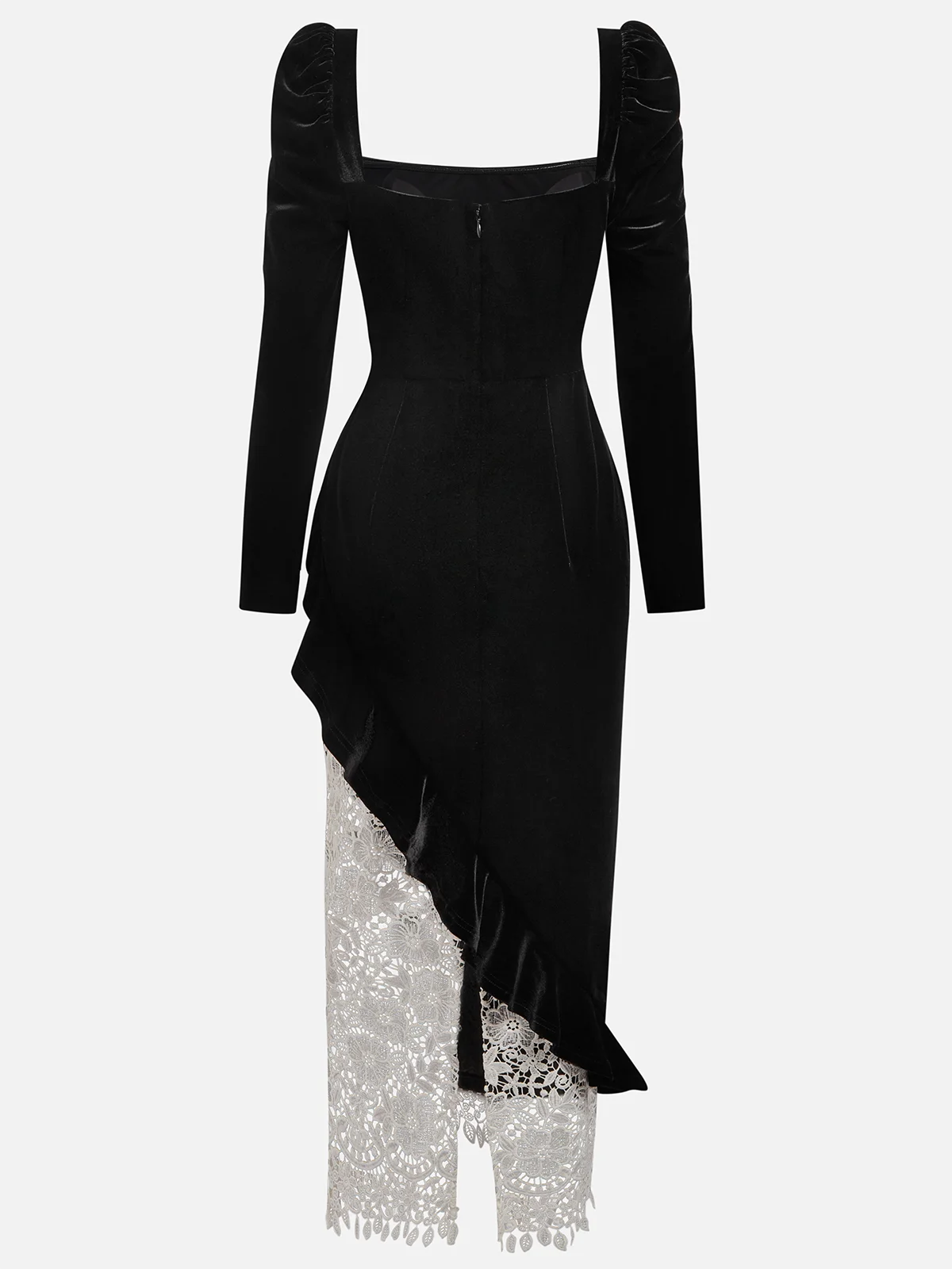 Black Lace Ruffled Velvet Square Neck Long Sleeve Sheath Midi Dress