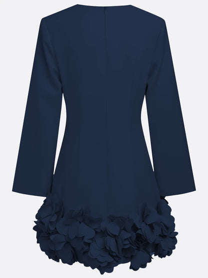 Purplish blue 3D Floral Classic Crew Neck Bell Long Sleeve Shift Mini Dress