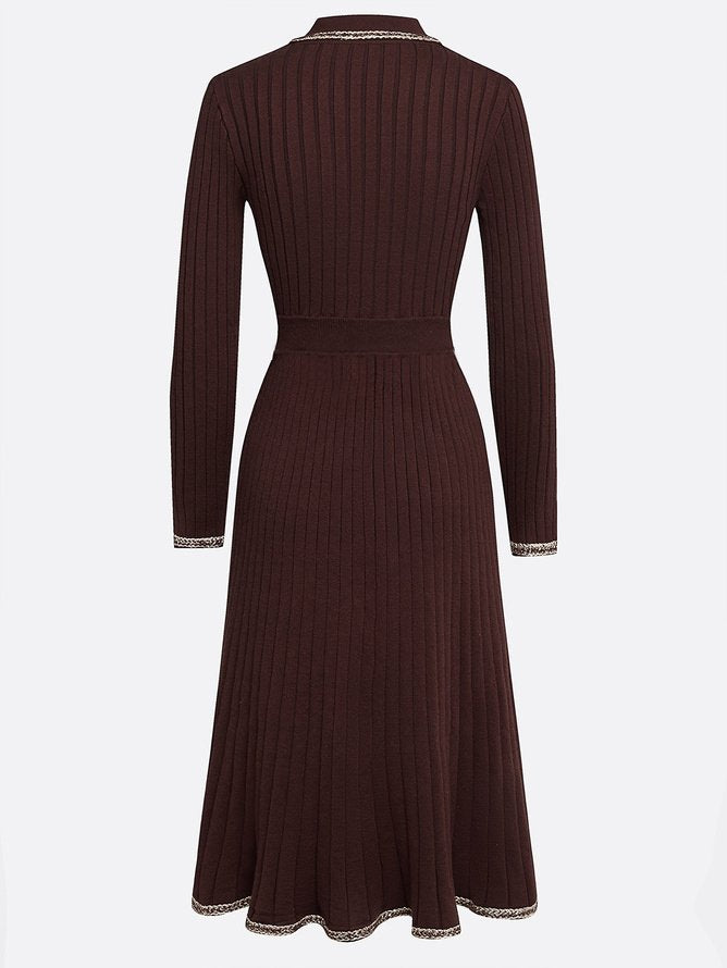 Red Brown Piping Buckle Sweater Lapel Collar Long Sleeve A-Line Midi Dress