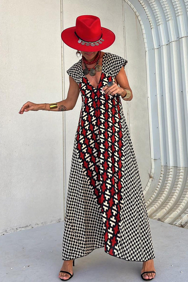 Geometric Print V-Neck Maxi Dress