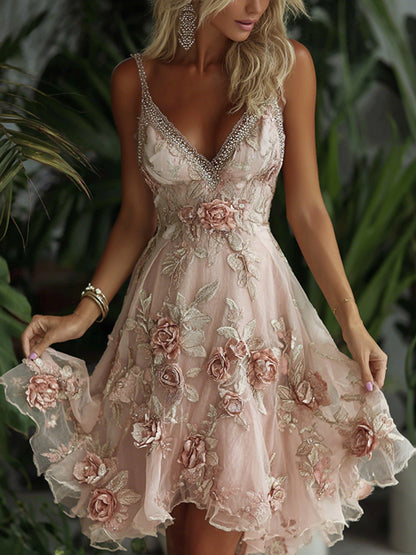 Women's Pink Rose Art Pattern Suspender Mini Dress
