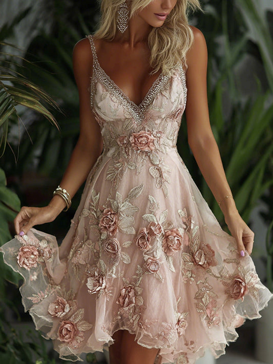 Women's Pink Rose Art Pattern Suspender Mini Dress