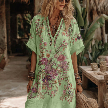 Women's Floral Embroidery Art V Neck Comfy Midi Dress 8ed0