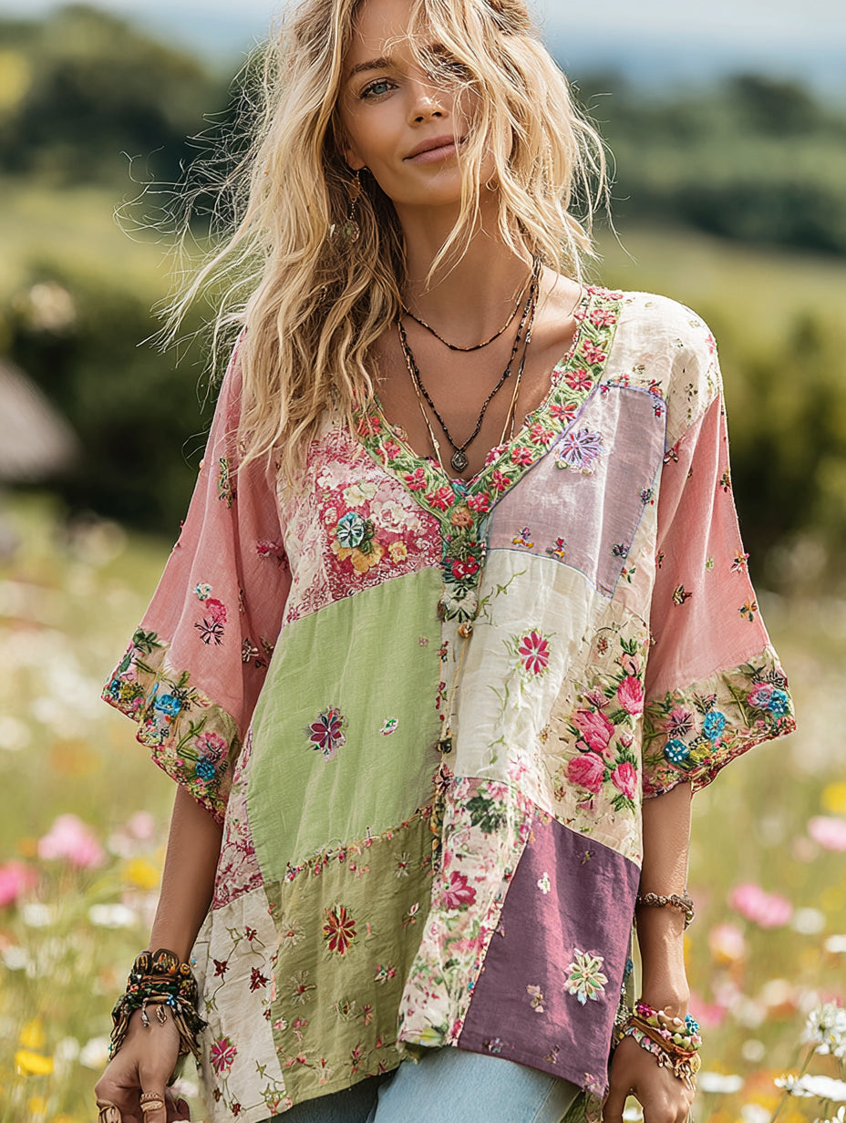 Women's Vintage Floral Print V-neck T-shirt d33c