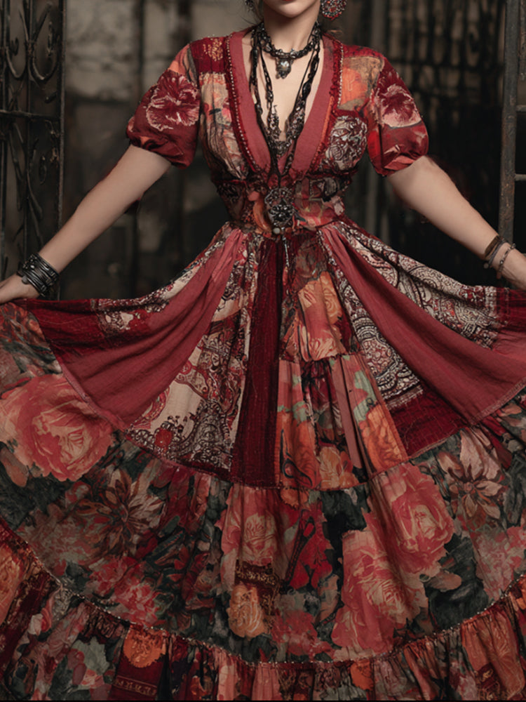 Bohemian-style Floral Rose V-neck Patchwork Dress