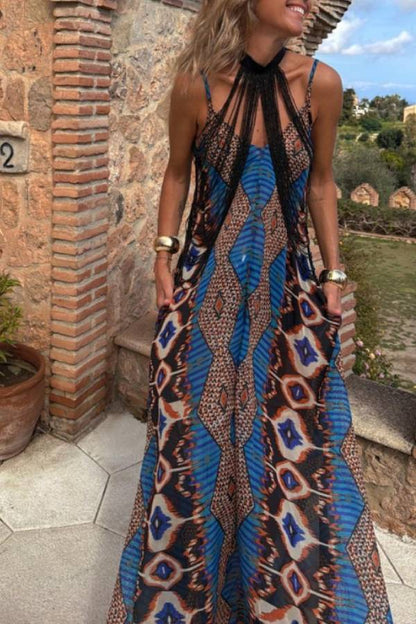 Fringe Halter Neck Geometric Bohemian Print Backless Maxi Dress