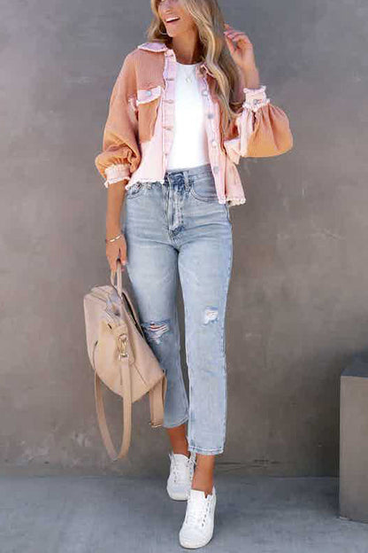 COTTON WAFFLE KNIT FRAYED SHACKET