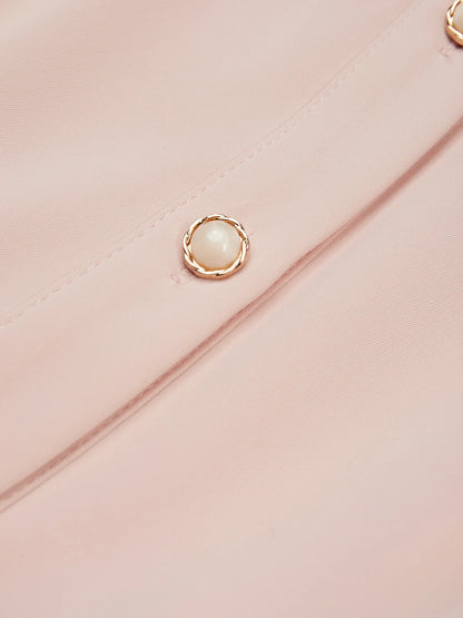 Pink Pleated Classic Shirt Collar Short Sleeve A-Line Midi Dress