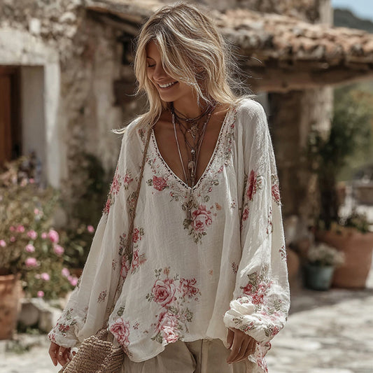 Women's Retro Roses Print V-neck Linen Blend T-shirt