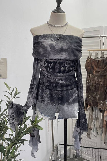 Art print off-the-shoulder pleated mesh top