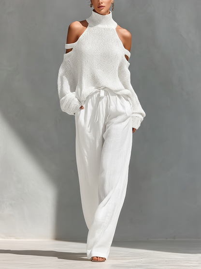 Women’s Beige Linen-Blend High-Waisted Pocketed Wide-Leg Pants MDZ1228A6T