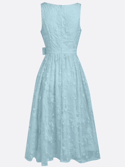 Light Blue Bow Embroidery Classic V Neck Sleeveless A-Line Midi Dress With Pockets