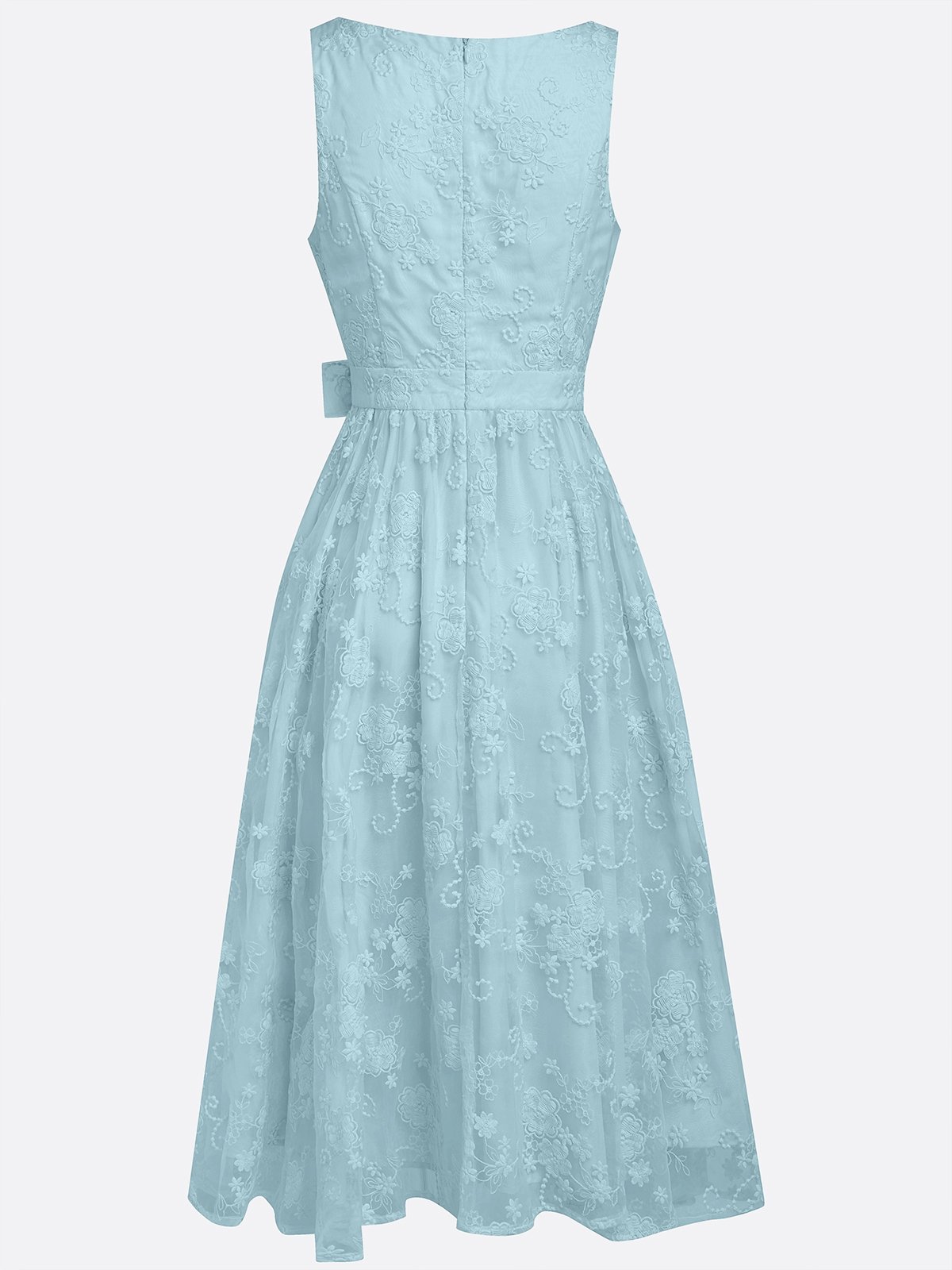 Light Blue Bow Embroidery Classic V Neck Sleeveless A-Line Midi Dress With Pockets