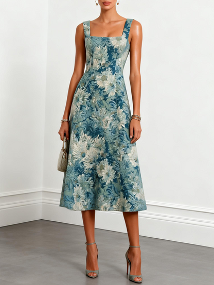 Blue Jacquard Classic Square Neck Sleeveless A-Line Midi Dress