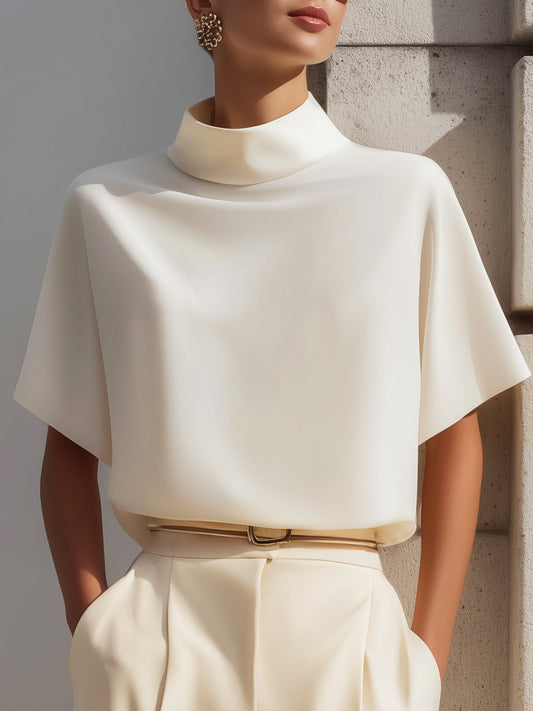 High-Neck Minimalist Draped Blouse Top