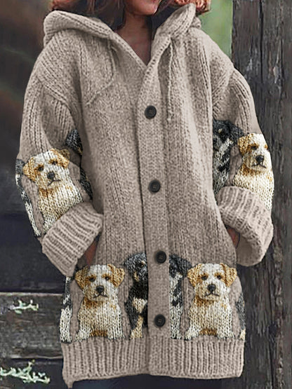 Vintage Cute Dogs Art Print Cozy Button Sweater