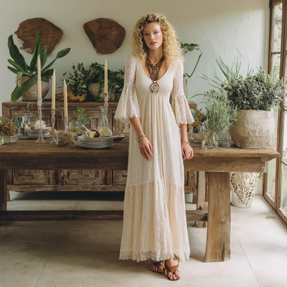 Lace Maxi Dress V-Neck Flared Sleeve Boho Long Dress For Women