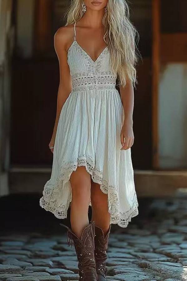 Bohemian Lace-Trimmed V-Neck Cami Asymmetric Dress