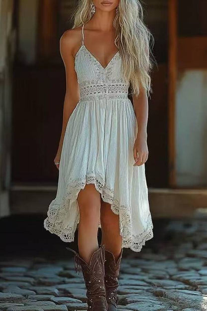 Bohemian Lace-Trimmed V-Neck Cami Asymmetric Dress