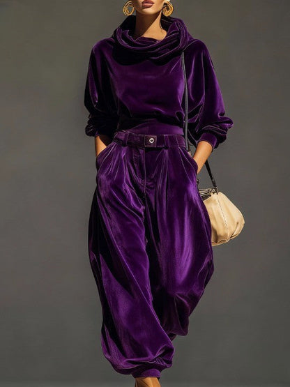 Vintage brown velvet hoodie and loose-fitting trousers set