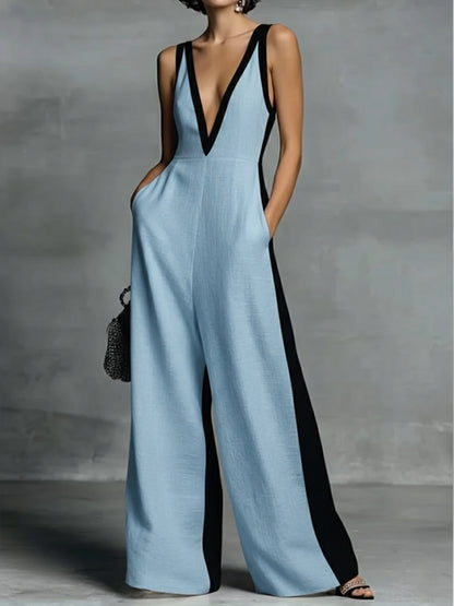 Patchwork Linen And Cotton Sleeveless Jumpsuit