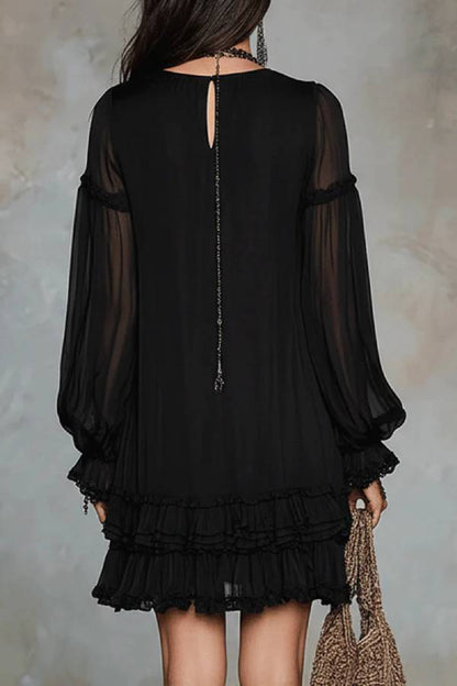 Black V-neck Lantern Sleeve Ruffled Chiffon Mini Dress