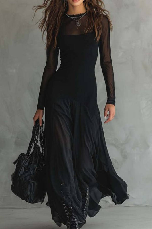 Black Mesh Patchwork Sheer Long Sleeve Flowy Maxi Dress