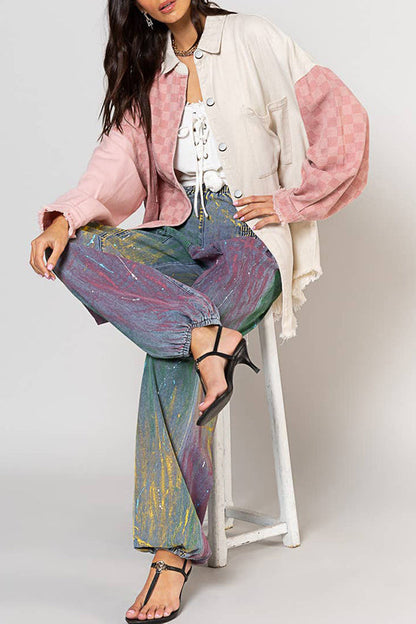 Check Panel Fringe Denim Jacket