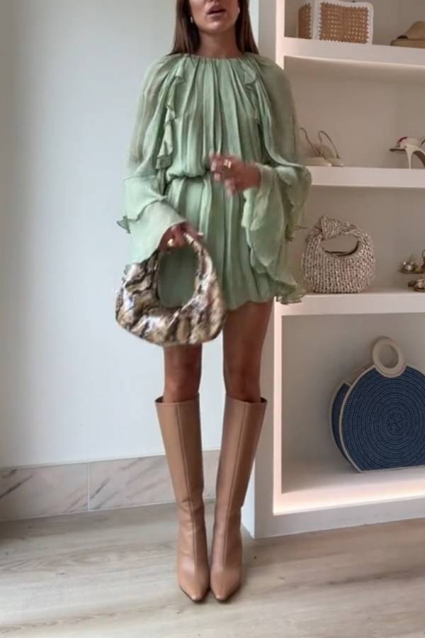 Mint Green Ruffle Smocked Bell Sleeve Loose Dress