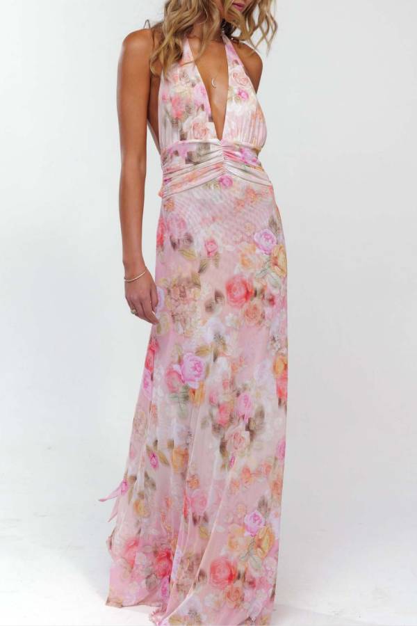 Halter-Neck Deep V Backless Printed Maxi Dress