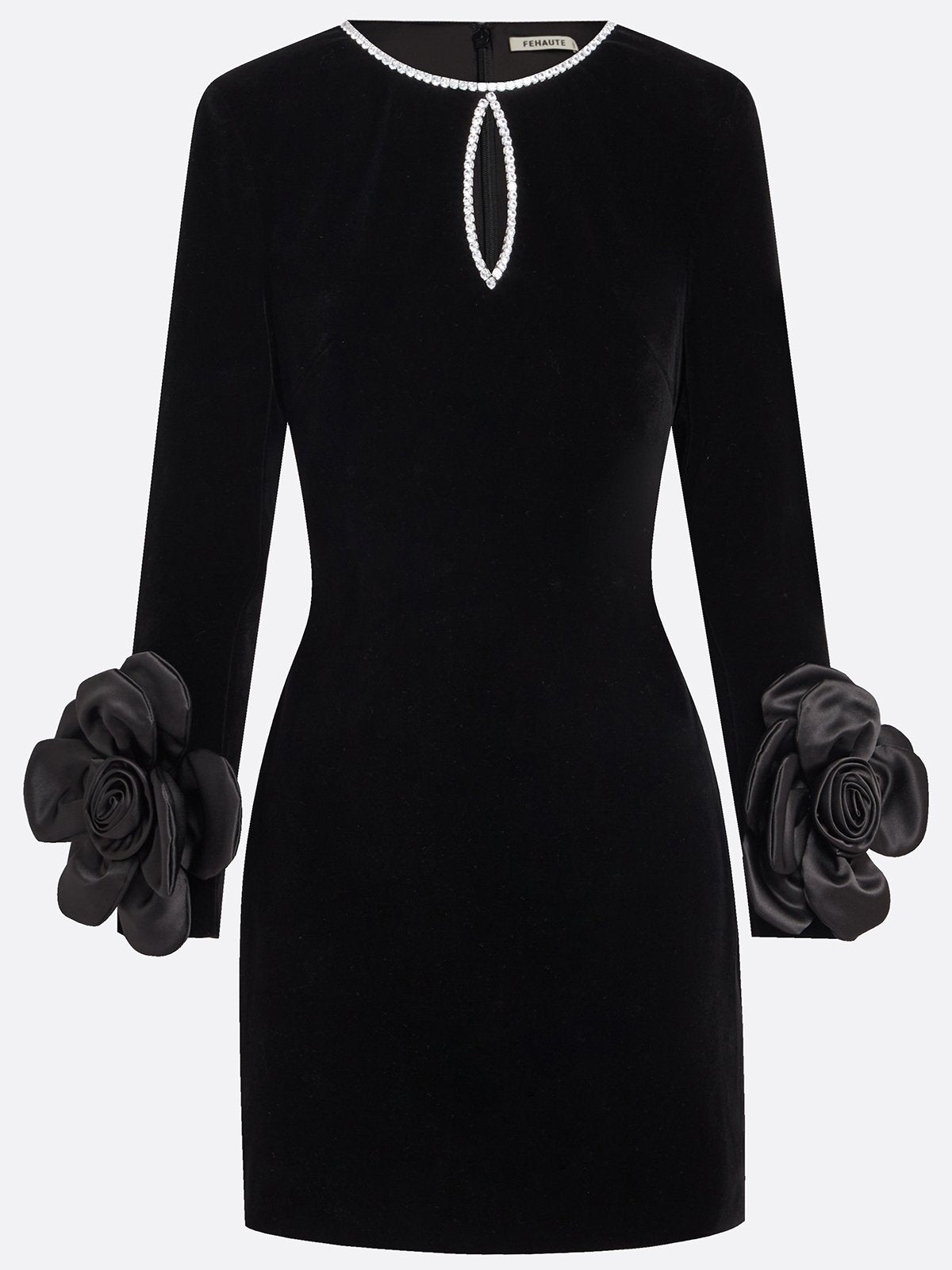 Black 3D Floral Rhinestone Velvet Crew Neck Long Sleeve Sheath Mini Dress