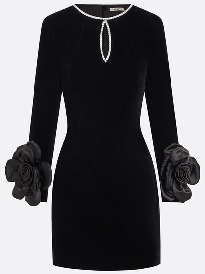 Black 3D Floral Rhinestone Velvet Crew Neck Long Sleeve Sheath Mini Dress