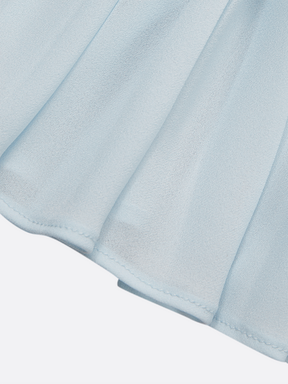 Light Blue Pleated Ruched Balloon Sleeve A-Line Midi Chiffon Dress