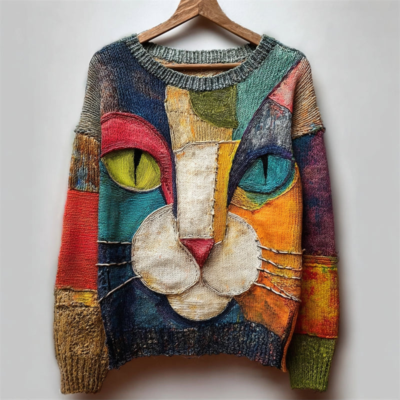Cat Face Inspired Colorblock Art Cozy Knit Sweater
