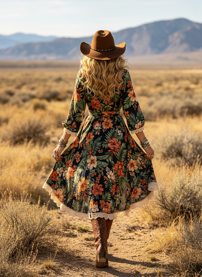 Women's Western Cowboy Floral Print Cotton Blend Wrap Dress With Lace Trim Boho Style Mid-Length Dress