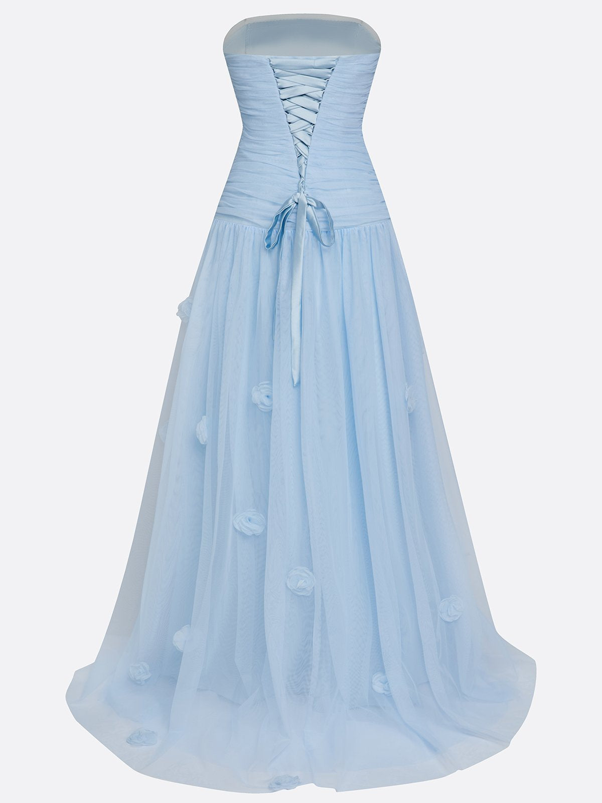 Light Blue 3D Floral Ruched Tulle Strapless Sleeveless A-Line Gown Dress