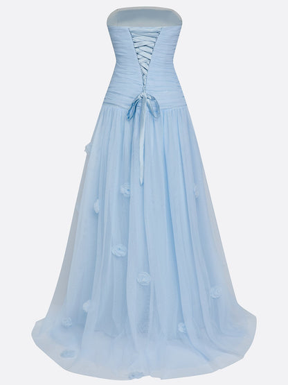 Light Blue 3D Floral Ruched Tulle Strapless Sleeveless A-Line Gown Dress