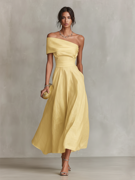 Women's Yellow Linen Dress With One-Shoulder Neckline & Fitted Waist, Timeless Elegant-Chic Style Dress MDZ2630B3I