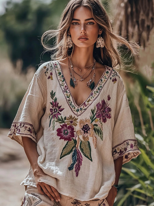 Women's Floral Embroidery V Neck Casual Linen Top 5b7c