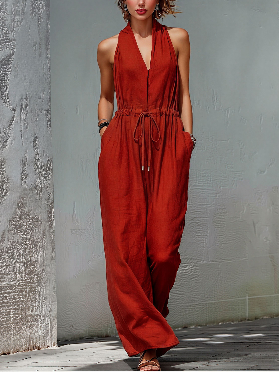 Women’s Rust Red Linen-Blend Halter Neck Drawstring Waist Wide-Leg Jumpsuit With Pockets MDZ2589D8T