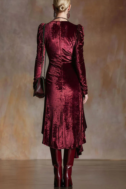 Elegant Velvet Long-sleeved Pleated Button Midi Dress