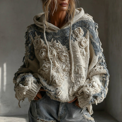 Women's Vintage White Rose Chunky Knit Hoodie Sweater