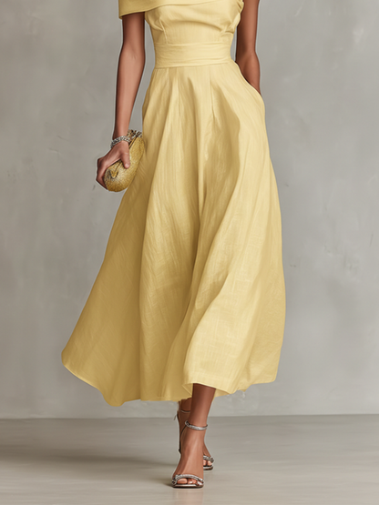 Women's Yellow Linen Dress With One-Shoulder Neckline & Fitted Waist, Timeless Elegant-Chic Style Dress MDZ2630B3I