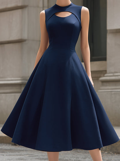 High Neck Cutout Sleeveless Structured A-Line Midi Dress