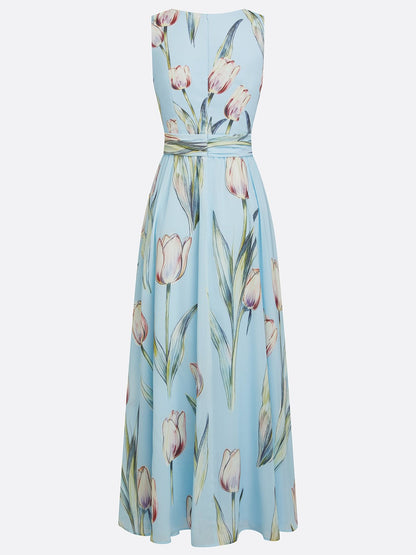 Light Blue Floral Chiffon V Neck Sleeveless A-Line Floor-length Gown Dress