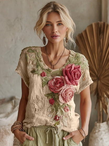 Women's Vintage Floral Art Linen Crew Neck Short Sleeve T-shirt 1499